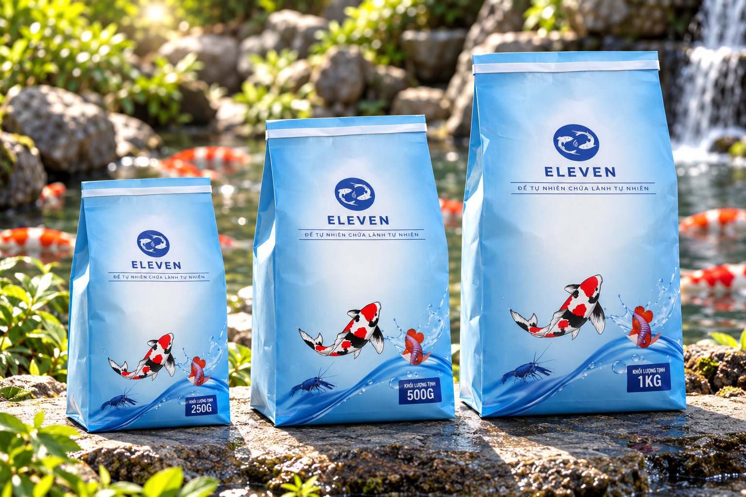 Ba quy cách khoáng bột ELEVEN 250g, 500g và 1kg, chỉ mặt trước